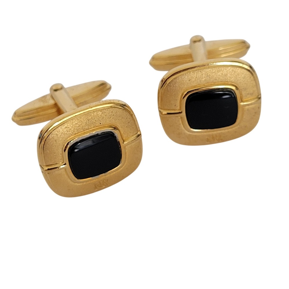 Nina Ricci Vintage Mens Cufflinks Gold Tone Black Onyx Germany NR Signed
